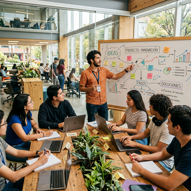 Jóvenes en un espacio de trabajo colaborativo